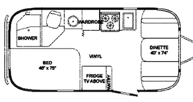 black and white drawn image of a trailer floor plan